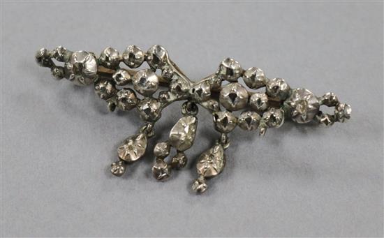 A late Victorian / Edwardian rose diamond set silver and gold bar brooch with tassel drops 5cm